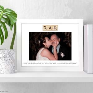 Personalised Scrabble Letter name or word in wooden alphabet letter tiles, Printed Photo and custom message in a GLASS picture Frame. Family Gift, Present, Handmade
