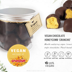 Vegan 'crunchie' honeycomb chocolate pieces 180g (made with sugar, no honey!). Gluten-free, dairy-free, nut-free.