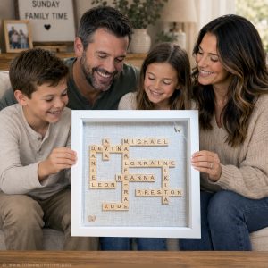 Personalised Scrabble letter Names/Words in a GLASS picture Frame – wooden Alphabet letter tiles, Family Tree, Handmade